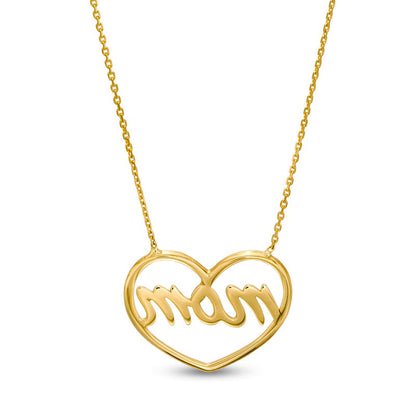 Cursive mom" Heart Outline Necklace in 14K Gold"