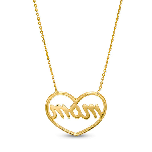 Cursive mom" Heart Outline Necklace in 14K Gold"