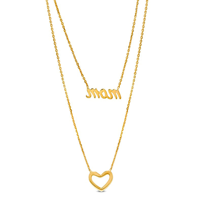 Cursive mom" and Heart Outline Double Strand Necklace in 14K Gold"