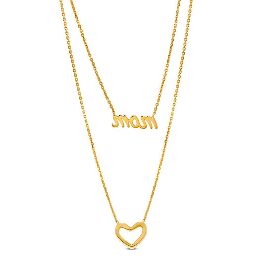 Cursive mom" and Heart Outline Double Strand Necklace in 14K Gold"