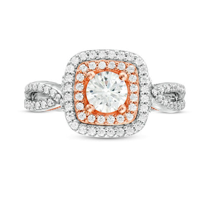 1.0 CT. T.W. Natural Diamond Double Cushion Frame Split Shank Engagement Ring in Solid 14K Two-Tone Gold