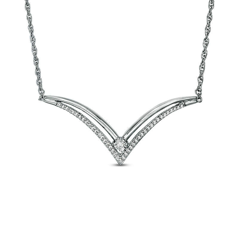 0.17 CT. T.W. Natural Diamond Double Row V" Necklace in Sterling Silver - 16.5""
