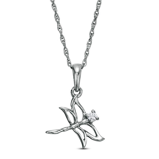 Natural Diamond Accent Tilted Dragonfly Pendant in Sterling Silver