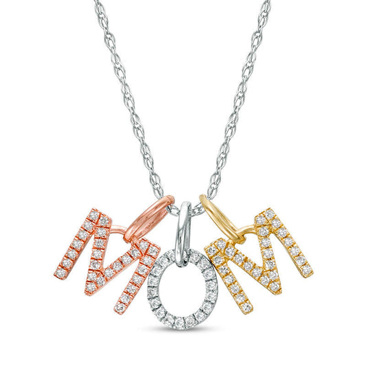0.17 CT. T.W. Natural Diamond Block Letters MOM" Pendant in 10K Tri-Tone Gold"