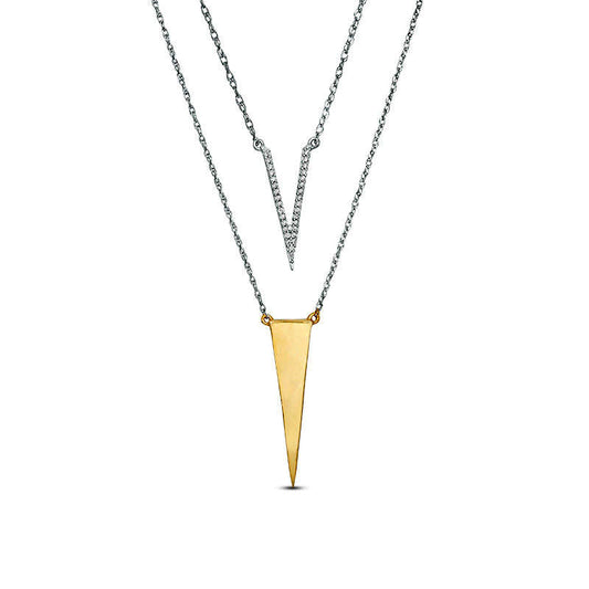 0.1 CT. T.W. Natural Diamond Elongated Triangle Layered Necklace in Sterling Silver and 10K Yellow Gold - 20
