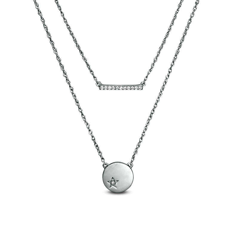 0.07 CT. T.W. Natural Diamond Bar and Disc with Star Double Strand Necklace in Sterling Silver - 20