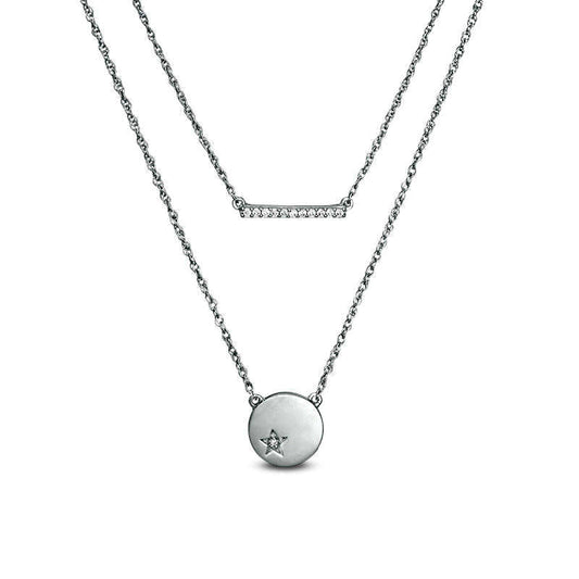 0.07 CT. T.W. Natural Diamond Bar and Disc with Star Double Strand Necklace in Sterling Silver - 20