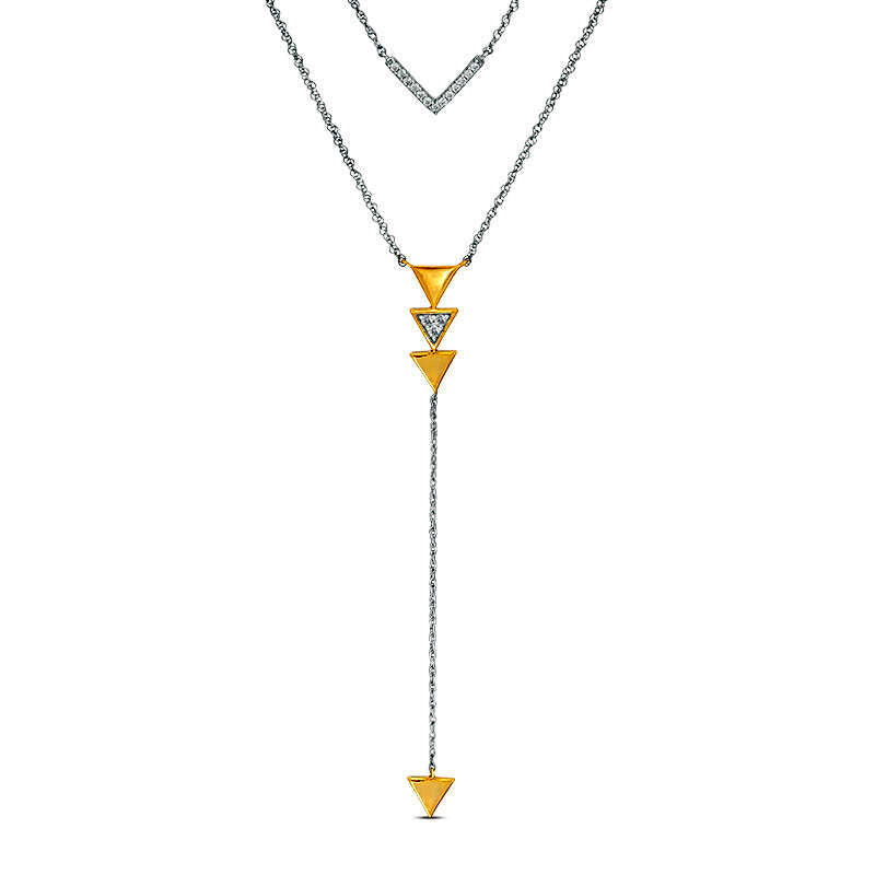 0.13 CT. T.W. Natural Diamond Chevron and Triangle Double Strand Y" Necklace in Sterling Silver and 10K Yellow Gold - 21.5""