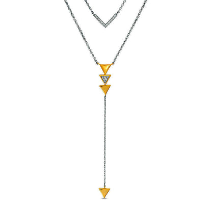 0.13 CT. T.W. Natural Diamond Chevron and Triangle Double Strand Y" Necklace in Sterling Silver and 10K Yellow Gold - 21.5""