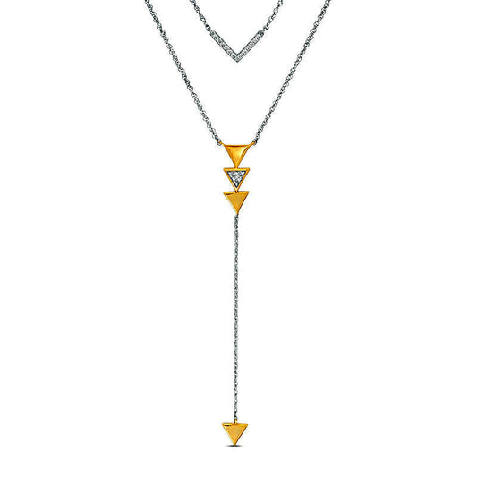 0.13 CT. T.W. Natural Diamond Chevron and Triangle Double Strand Y" Necklace in Sterling Silver and 10K Yellow Gold - 21.5""