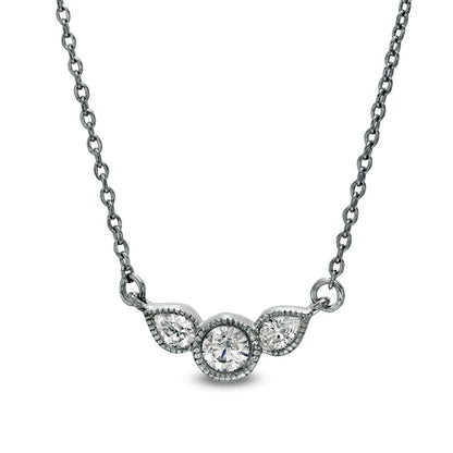 0.2 CT. T.W. Pear-Shaped Natural Diamond Three Stone Antique Vintage-Style Necklace in Sterling Silver