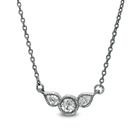 0.2 CT. T.W. Pear-Shaped Natural Diamond Three Stone Antique Vintage-Style Necklace in Sterling Silver