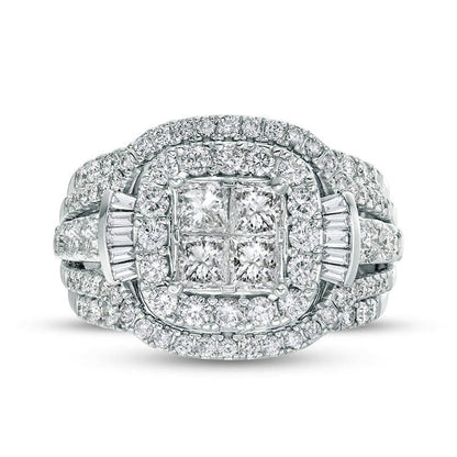 2.0 CT. T.W. Princess-Cut Quad Natural Diamond Double Frame with Collar Engagement Ring in Solid 14K White Gold