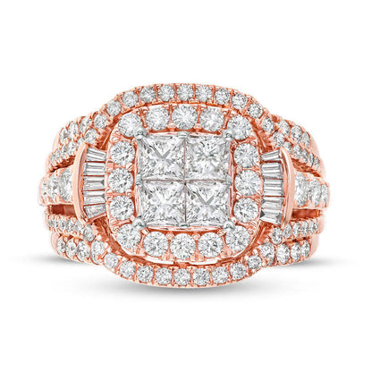 2.0 CT. T.W. Princess-Cut Quad Natural Diamond Double Frame with Collar Engagement Ring in Solid 14K Rose Gold