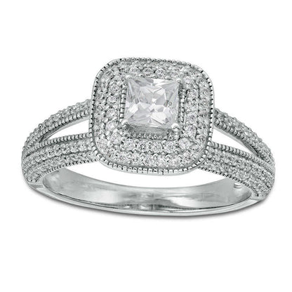 1.0 CT. T.W. Princess-Cut Natural Diamond Double Cushion Frame Antique Vintage-Style Engagement Ring in Solid 14K White Gold