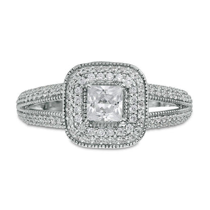 1.0 CT. T.W. Princess-Cut Natural Diamond Double Cushion Frame Antique Vintage-Style Engagement Ring in Solid 14K White Gold