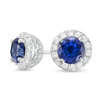 6.0mm Lab-Created Ceylon Blue and White Sapphire Frame Stud Earrings in Sterling Silver