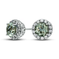 6.0mm Green Quartz and Lab-Created White Sapphire Frame Stud Earrings in Sterling Silver