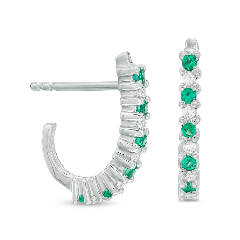 Emerald and 0.13 CT. T.W. Diamond Alternating J-Hoop Earrings in 14K White Gold