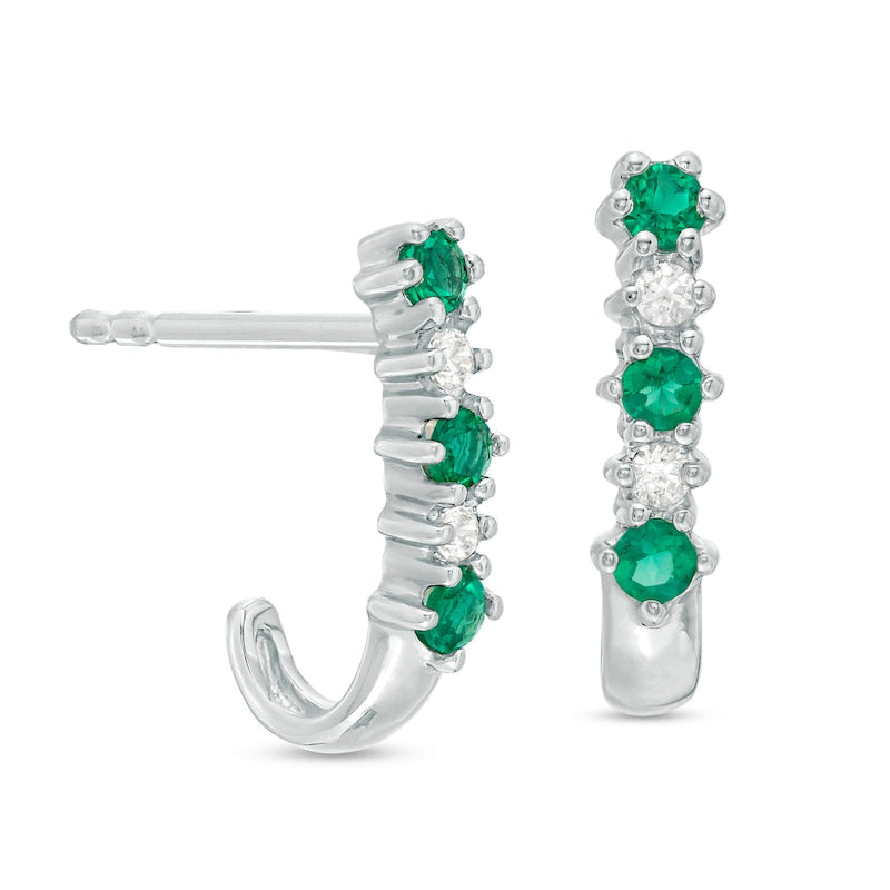 Emerald and 0.05 CT. T.W. Diamond Three Stone Alternating J-Hoop Earrings in 14K White Gold