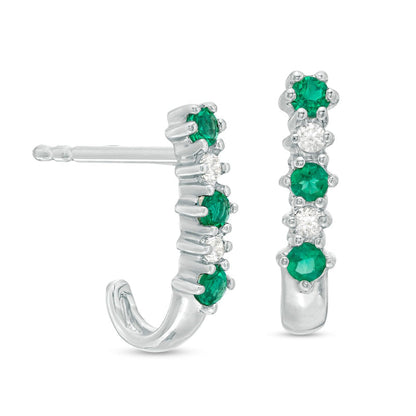 Emerald and 0.05 CT. T.W. Diamond Three Stone Alternating J-Hoop Earrings in 14K White Gold