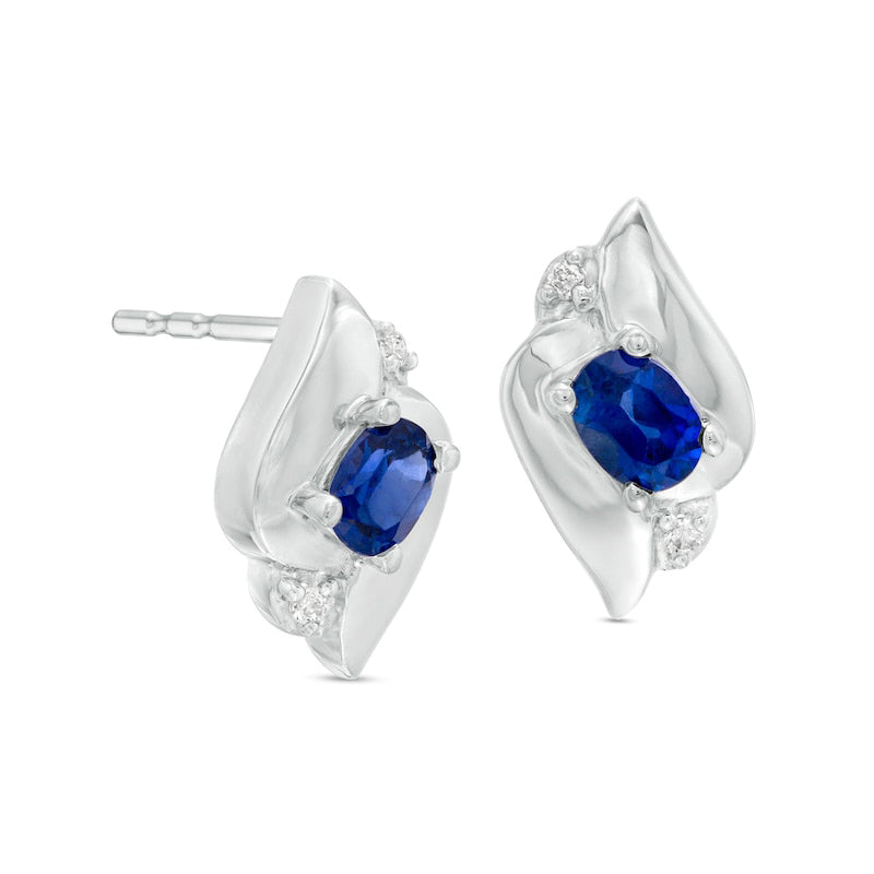 Oval Blue Sapphire and Diamond Accent Flame Stud Earrings in 14K White Gold