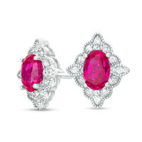 Oval Lab-Created Ruby and White Sapphire Scallop Frame Vintage-Style Stud Earrings in Sterling Silver