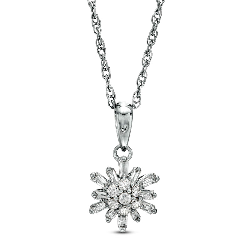 0.2 CT. T.W. Baguette and Round Natural Diamond Sunburst Pendant in 10K White Gold