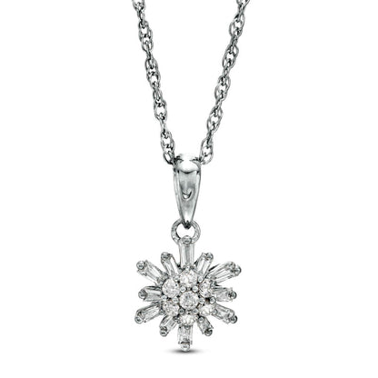 0.2 CT. T.W. Baguette and Round Natural Diamond Sunburst Pendant in 10K White Gold