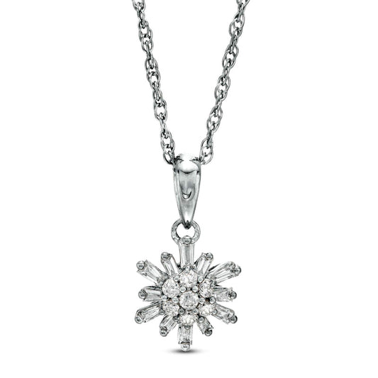 0.2 CT. T.W. Baguette and Round Natural Diamond Sunburst Pendant in 10K White Gold