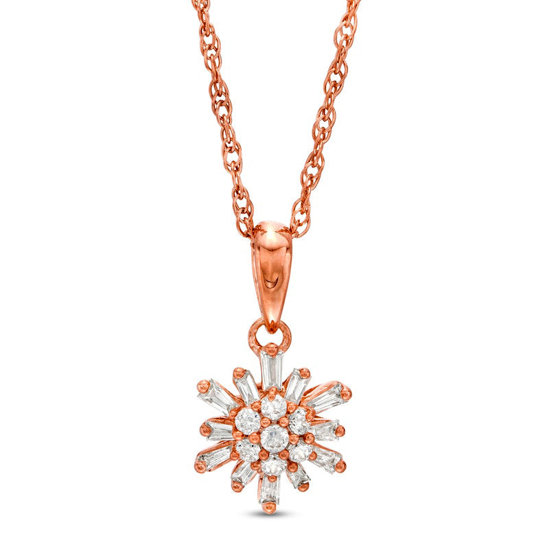 0.2 CT. T.W. Baguette and Round Natural Diamond Sunburst Pendant in 10K Rose Gold