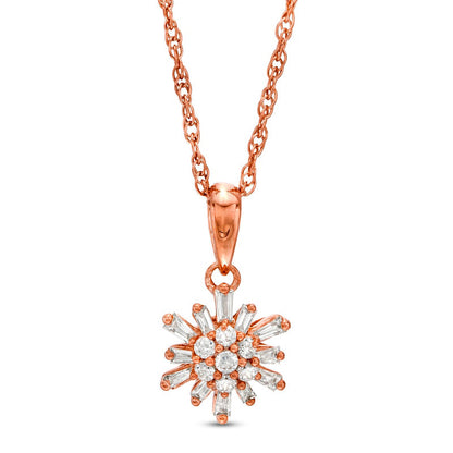 0.2 CT. T.W. Baguette and Round Natural Diamond Sunburst Pendant in 10K Rose Gold