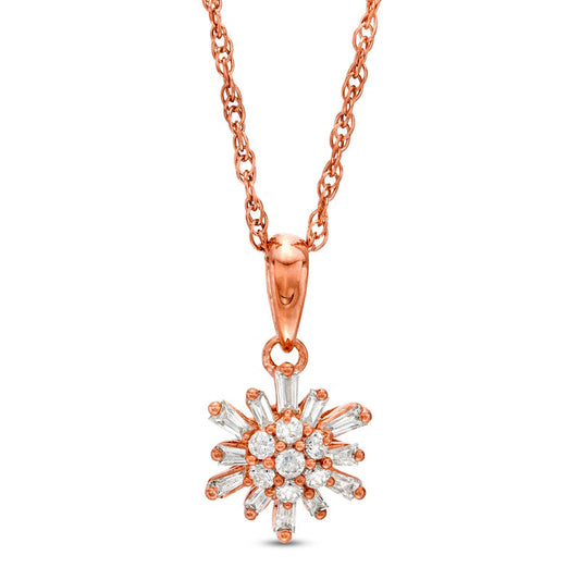 0.2 CT. T.W. Baguette and Round Natural Diamond Sunburst Pendant in 10K Rose Gold