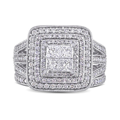 1.5 CT. T.W. Princess-Cut Quad Natural Diamond Triple Frame Split Shank Antique Vintage-Style Bridal Engagement Ring Set in Solid 14K White Gold