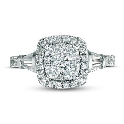 1.0 CT. T.W. Quad Natural Diamond Cushion Frame Collar Engagement Ring in Solid 14K White Gold