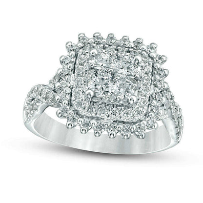 1.25 CT. T.W. Quad Natural Diamond Cushion Frame Sunburst Twist Shank Engagement Ring in Solid 14K White Gold