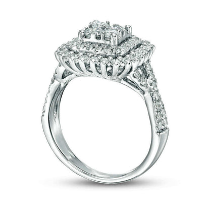1.25 CT. T.W. Quad Natural Diamond Cushion Frame Sunburst Twist Shank Engagement Ring in Solid 14K White Gold
