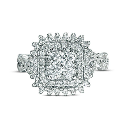 1.25 CT. T.W. Quad Natural Diamond Cushion Frame Sunburst Twist Shank Engagement Ring in Solid 14K White Gold