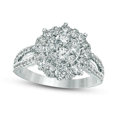 1.5 CT. T.W. Composite Natural Diamond Scallop Frame Split Shank Engagement Ring in Solid 14K White Gold