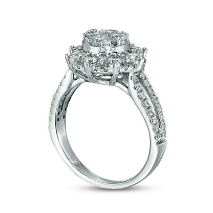 1.5 CT. T.W. Composite Natural Diamond Scallop Frame Split Shank Engagement Ring in Solid 14K White Gold