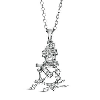 Natural Diamond Accent Skiing Snowman Pendant in Sterling Silver