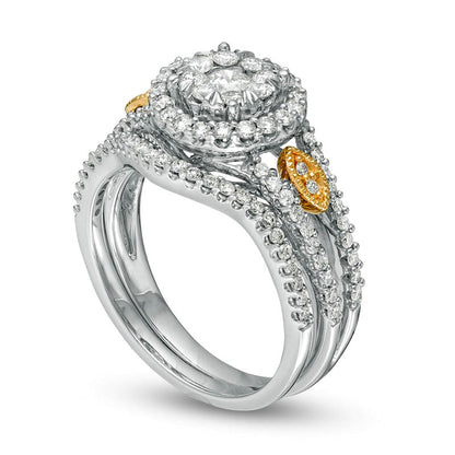 0.88 CT. T.W. Composite Natural Diamond Frame Split Shank Bridal Engagement Ring Set in Solid 14K Two-Tone Gold