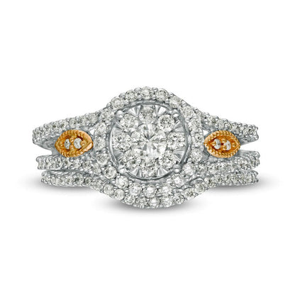 0.88 CT. T.W. Composite Natural Diamond Frame Split Shank Bridal Engagement Ring Set in Solid 14K Two-Tone Gold