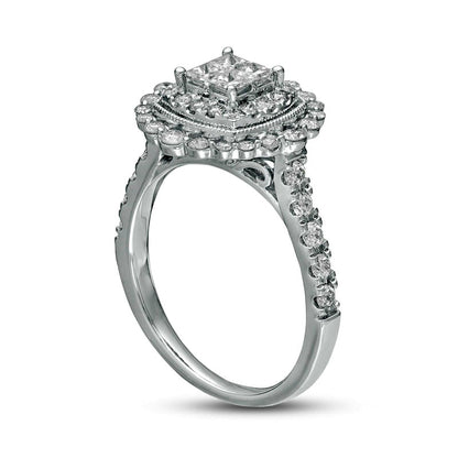 1.0 CT. T.W. Princess-Cut Quad Natural Diamond Cushion Frame Antique Vintage-Style Engagement Ring in Solid 14K White Gold