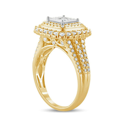 1.0 CT. T.W. Princess-Cut Quad Natural Diamond Double Square Frame Antique Vintage-Style Engagement Ring in Solid 10K Yellow Gold