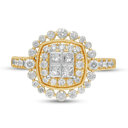 1.0 CT. T.W. Princess-Cut Quad Natural Diamond Cushion Frame Antique Vintage-Style Engagement Ring in Solid 14K Gold