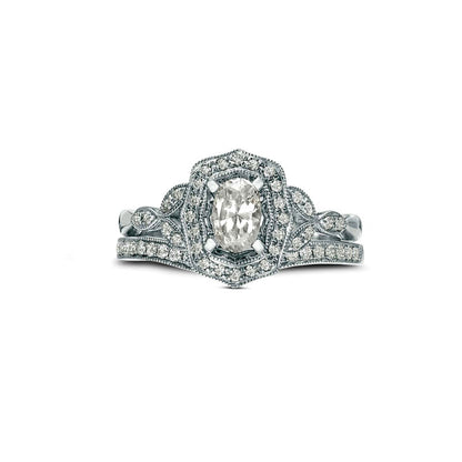 0.88 CT. T.W. Oval Natural Diamond Ornate Frame Antique Vintage-Style Bridal Engagement Ring Set in Solid 14K White Gold