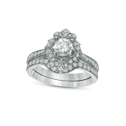 1.0 CT. T.W. Natural Diamond Ornate Frame Antique Vintage-Style Bridal Engagement Ring Set in Solid 14K White Gold