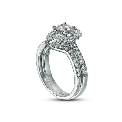 1.0 CT. T.W. Natural Diamond Ornate Frame Antique Vintage-Style Bridal Engagement Ring Set in Solid 14K White Gold
