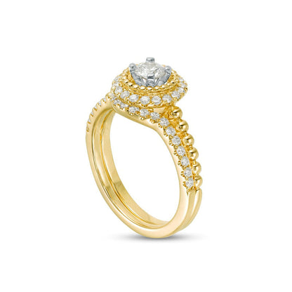 0.75 CT. T.W. Natural Diamond Frame Beaded Shank Bridal Engagement Ring Set in Solid 14K Gold